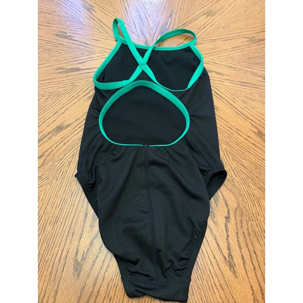 TYR Girls Competitive‎ One Piece Swimsuit Black Green Honeycomb Size 30 G14